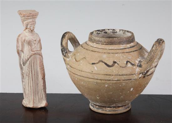 A Mycenaean two-handed jar, c.5th century B.C. and a Athenian Kore figure, c. 300 B.C., 10.5 and 13cm